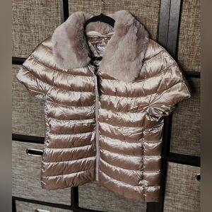 Martha Stewart Down Filled Puffer Vest Removable Faux Fur Collar Moonstone Grey